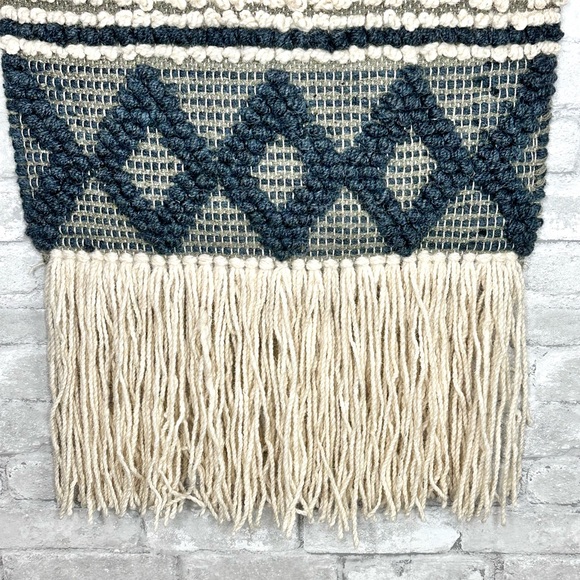 Boho Woven Wool Wall Hanging Tapestry Size 17" x 34" Cream Tan Blue Neutral - Picture 3 of 10